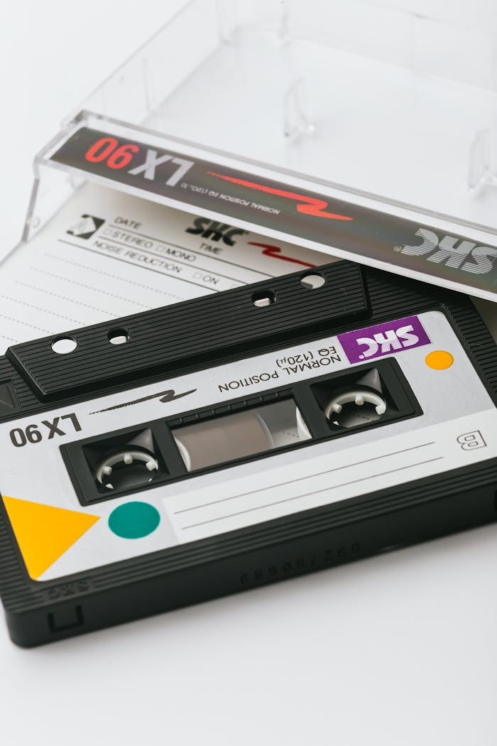 Close-up of a vintage cassette tape with a plastic case on a white background.