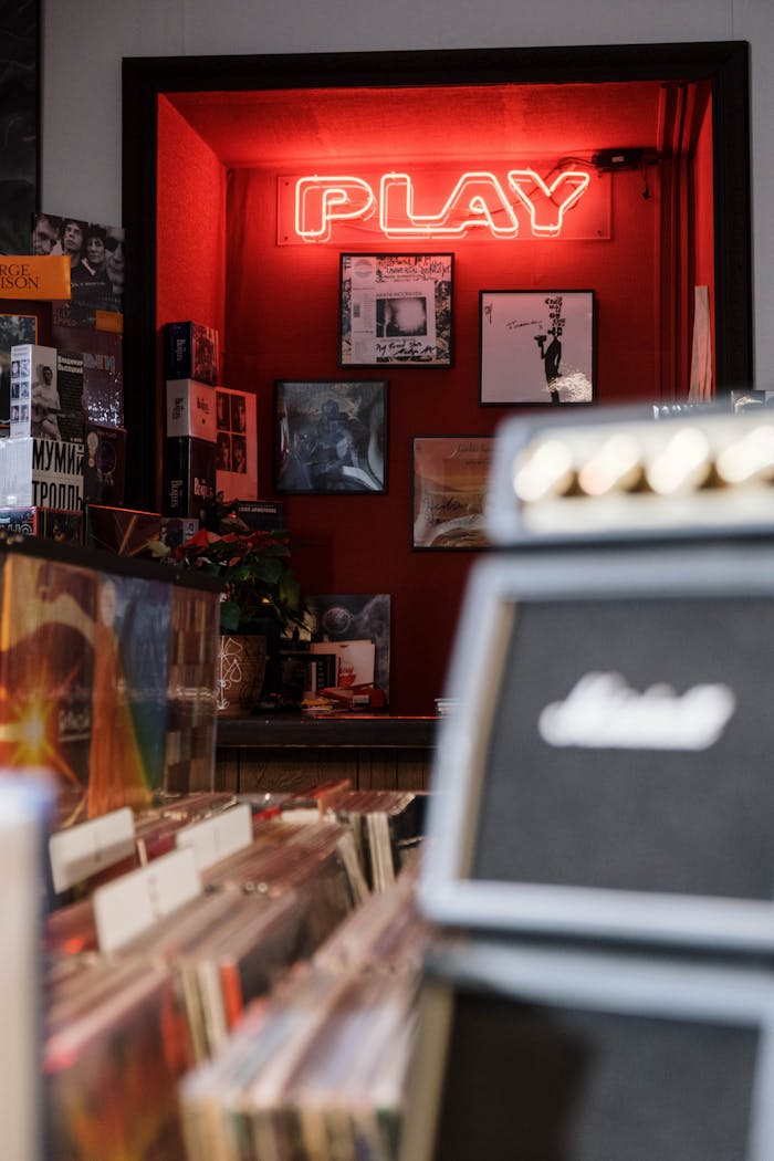 Explore a retro vinyl record store featuring a glowing neon 'Play' sign and vintage albums.